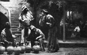 Men beside water pots in a biblical illustration.