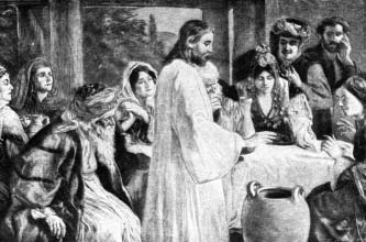 Jesus with people and vessels at a table.