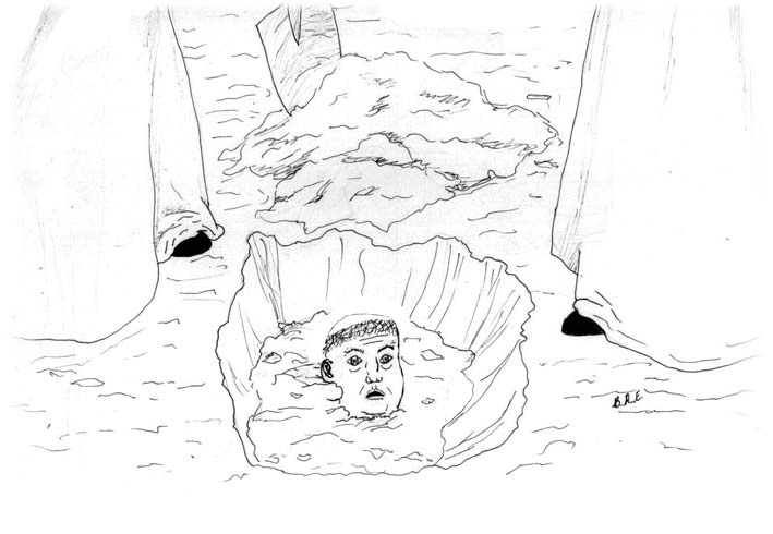 A distressed man stands in a hole while two figures look down.