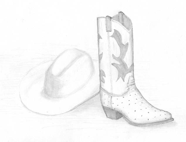 Sketch of a cowboy hat beside a decorated cowboy boot.