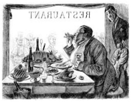 A man eating at a restaurant table while a waiter stands beside him.
