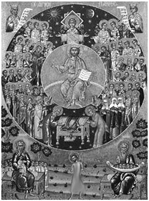 A historical religious artwork with Christ at the center, surrounded by many figures