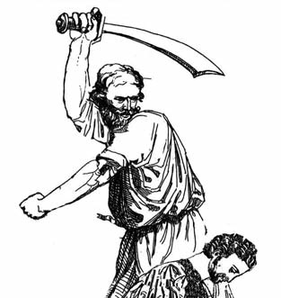 An illustration of one man raising a sword over another man