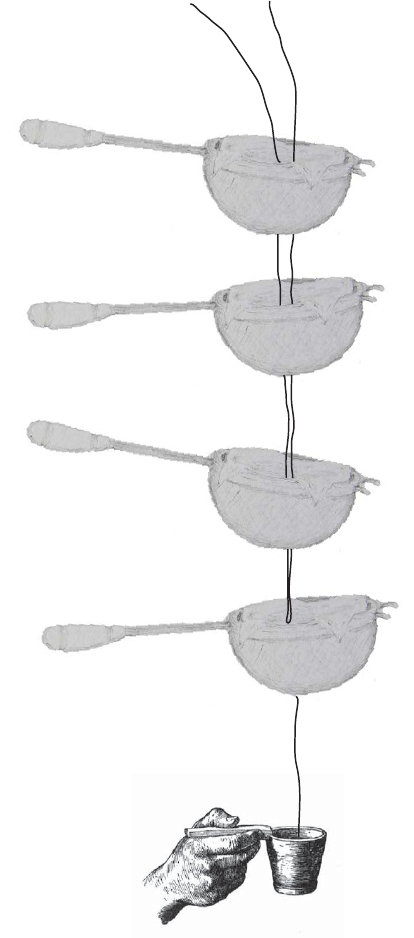 Four kitchen strainers filtering a stream into a drinking glass
