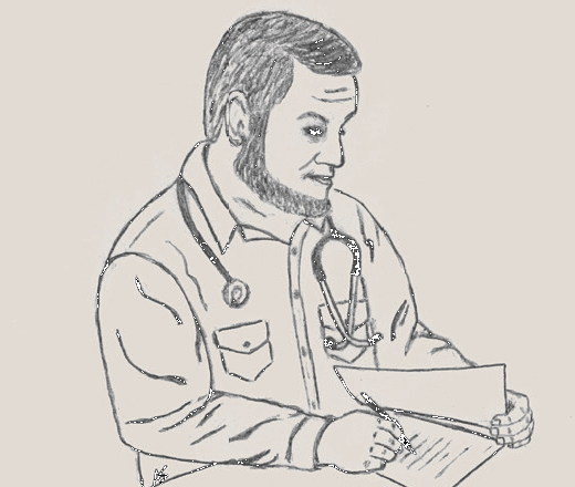 Line drawing of a doctor writing on a clipboard