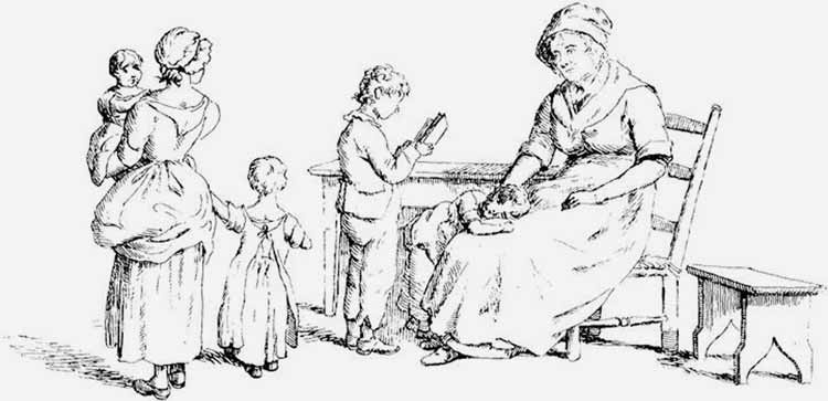 An older woman seated with a mother and children, one child holding a book