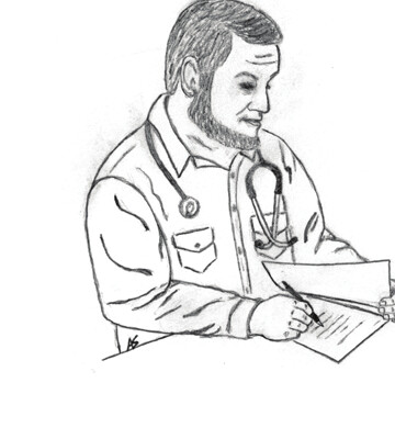 A doctor writing on a clipboard