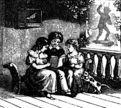 A woman reading to two children beside a window.
