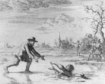 Dirk Willems reaching toward a man who has fallen through the ice.