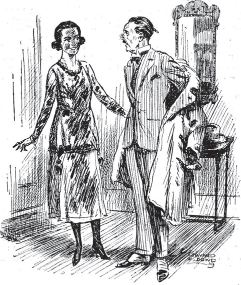 Ink illustration of a woman speaking to a man