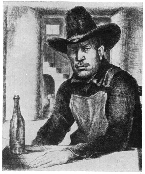 A man in a cowboy hat sits at a table beside a bottle.