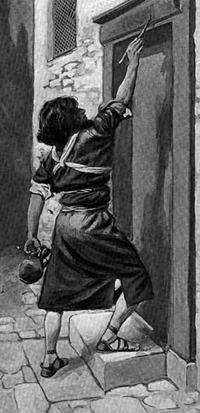 A man applying a substance to the top of a doorway