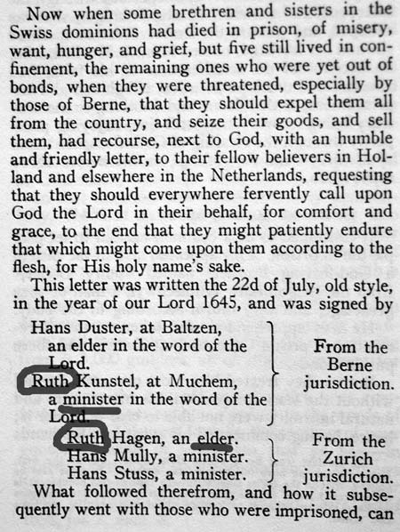 Clipping from Martyrs Mirror with the names Ruth Kunstel and Ruth Hagen circled