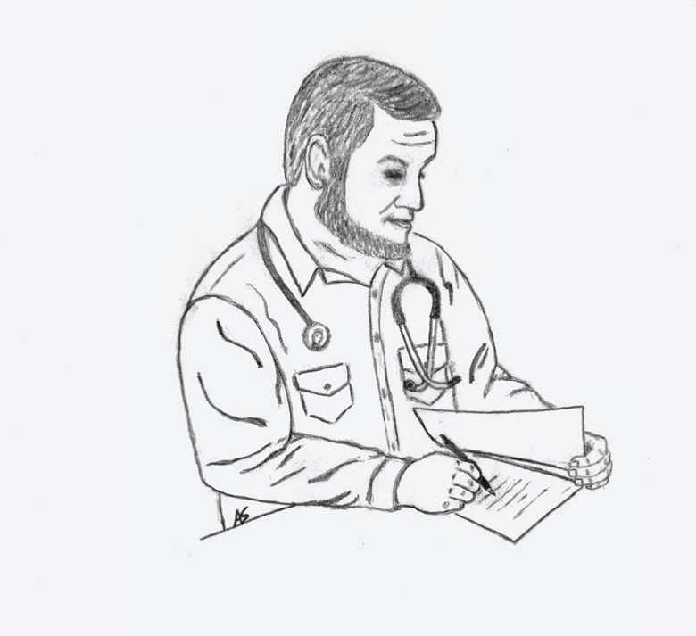 Line illustration of a doctor writing on a clipboard