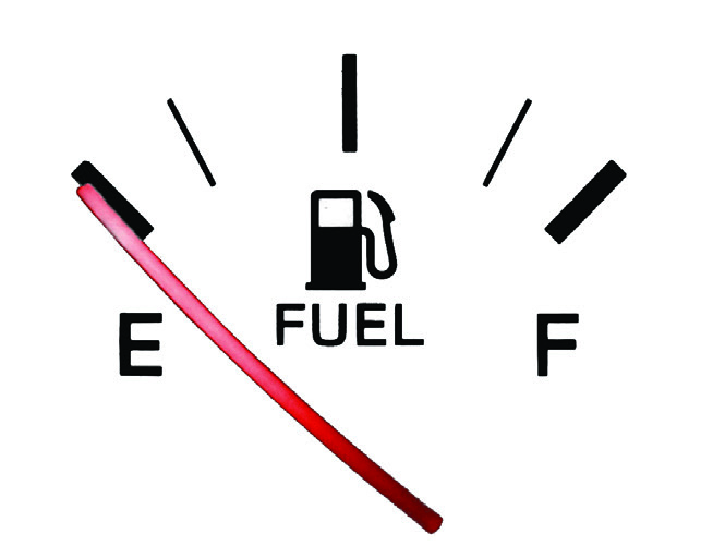 A fuel gauge with its needle near empty