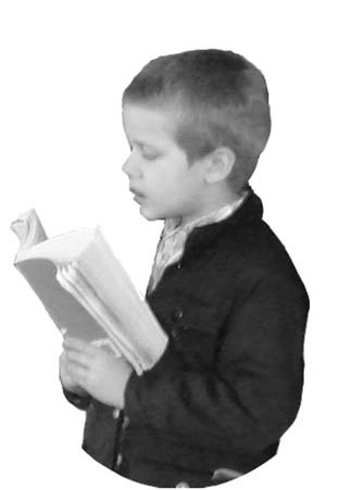 A young boy sings from an open book.