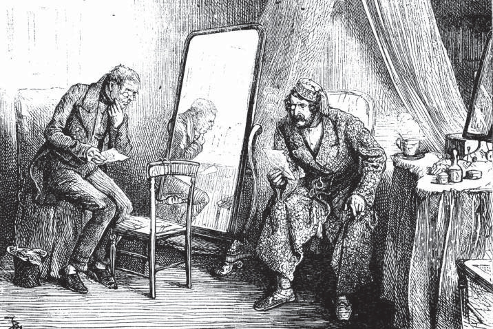 A man and his reflection in a mirror, with another figure seated nearby