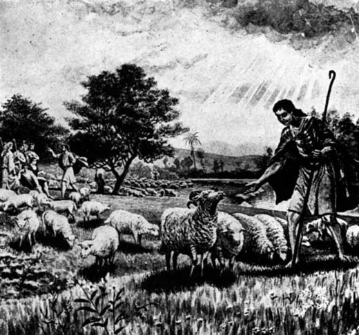 Illustration of a shepherd among sheep.