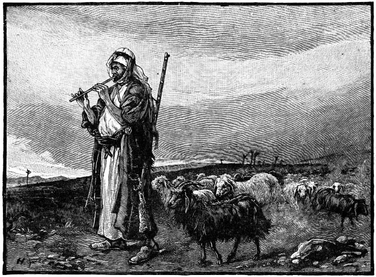 Engraving of a shepherd playing a pipe beside a flock of sheep.