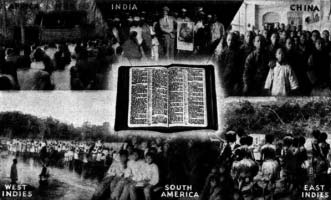 An open Bible surrounded by scenes of people from different regions.
