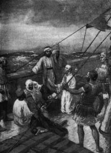 Jesus and several men in a boat on rough water.