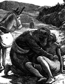 A man tending an injured man beside a donkey