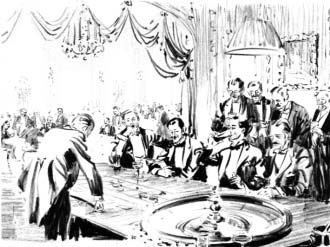 People gathered around a roulette table.