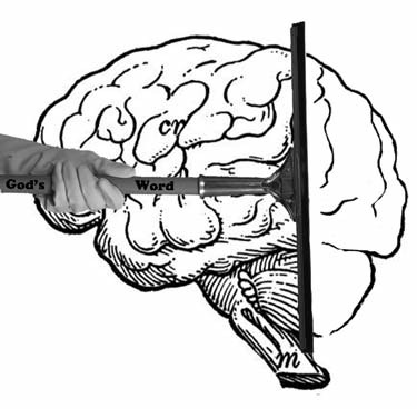 A chisel marked God’s Word cutting through an illustration of a brain