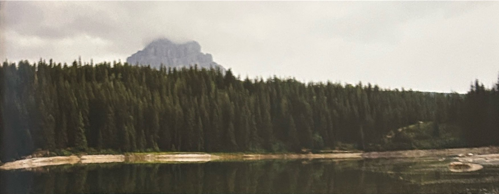 A mountain rises beyond a forest and lake.