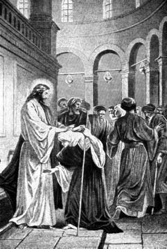 Jesus and a group of people beside a bed indoors