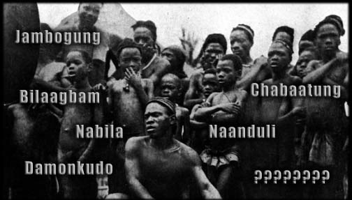 Group of people with the printed labels Jambogung, Bilaagbam, Chabaatung, Nabila, Naanduli, Damonkudo, and ????????