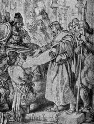 A robed man holding a scroll before a seated ruler and attendants