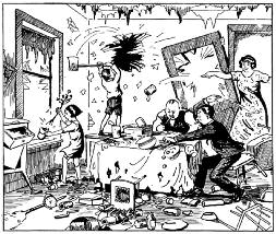 A family in a chaotic room gathered around a television