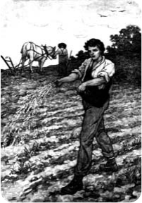 A sower scattering seed in a field.