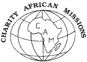Charity African Missions emblem with a globe and outline of Africa.