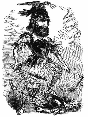 A line drawing of a burdened man carrying possessions