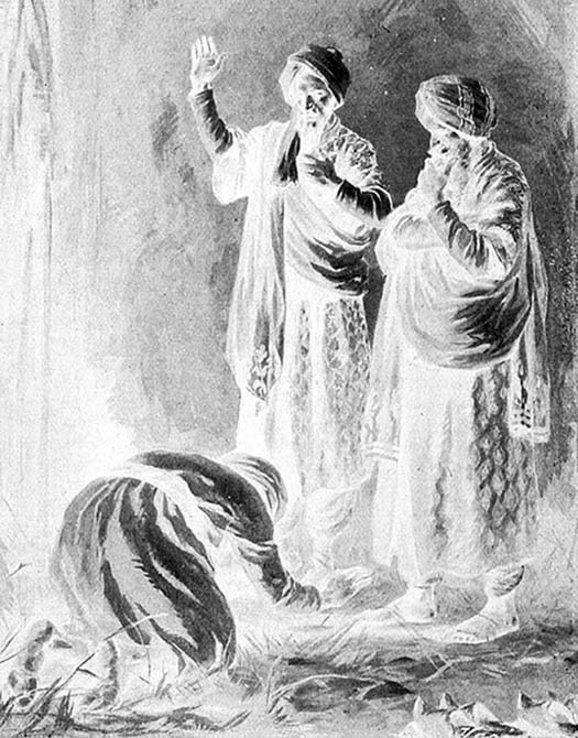 A historical illustration of one person kneeling before two standing figures