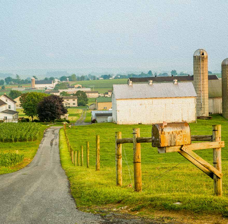 A rural mailbox beside a lane leading through green fields to farm buildings