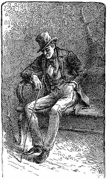Engraving of a dejected man sitting on a bench