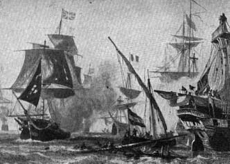 Sailing warships engaged in a sea battle