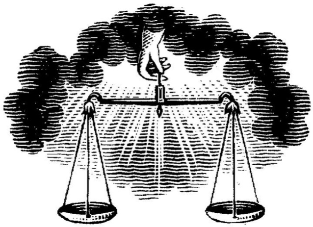 A hand holding a pair of balance scales beneath dark clouds