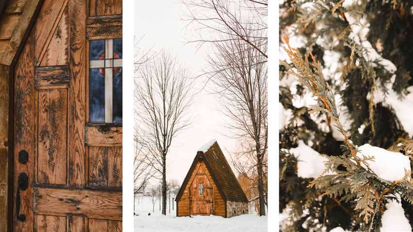 A three-panel collage of a wooden church door, a church in snow, and snow-covered evergreen branches