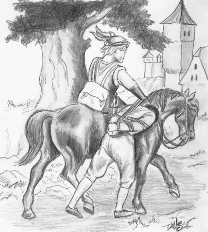 A man walking bound beside a mounted rider toward a castle