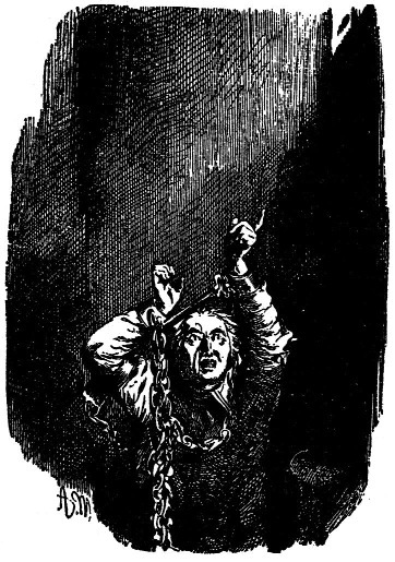 An illustration of a man hanging by the wrists in a dark room