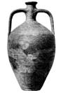 A clay vessel with two handles.