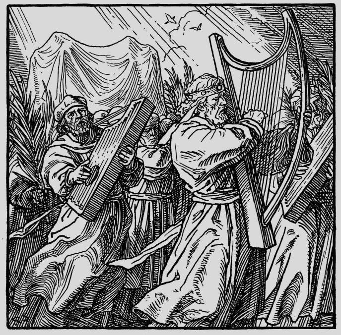 Engraving of figures playing stringed instruments
