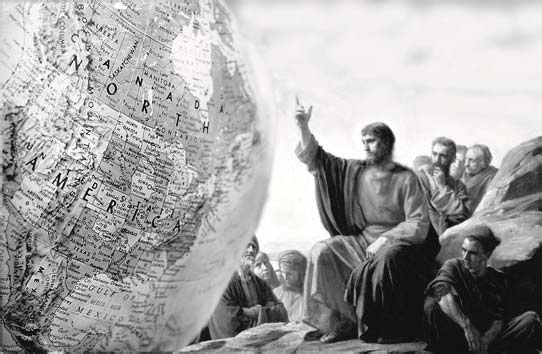 Globe showing North America beside an illustration of Jesus teaching a crowd
