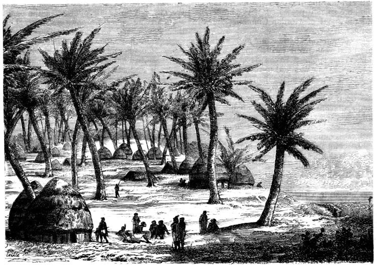 People and thatched huts among palm trees beside the sea