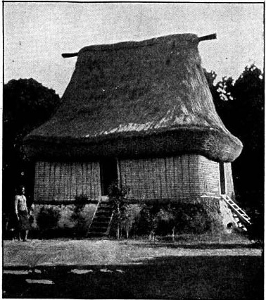 A thatched-roof building with steps and a person standing beside it
