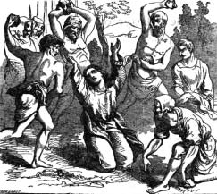 A kneeling man is surrounded by men holding stones.